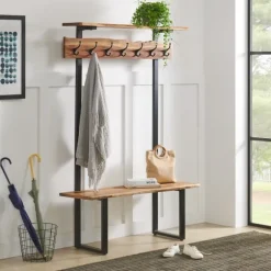 Kirkland's Home Entryway Furniture-Acacia Wood Modern Storage Hooks Hall Tree
