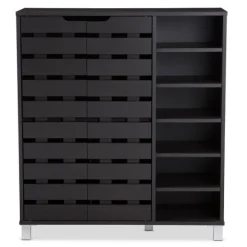 Kirkland's Home Entryway Furniture-Aldrich Black Slatted Shoe Storage Cabinet