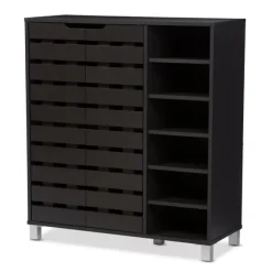 Kirkland's Home Entryway Furniture-Aldrich Black Slatted Shoe Storage Cabinet