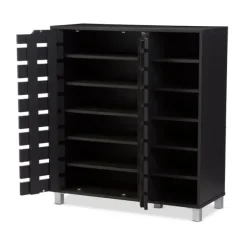 Kirkland's Home Entryway Furniture-Aldrich Black Slatted Shoe Storage Cabinet