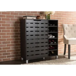 Kirkland's Home Entryway Furniture-Aldrich Black Slatted Shoe Storage Cabinet