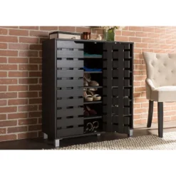 Kirkland's Home Entryway Furniture-Aldrich Black Slatted Shoe Storage Cabinet