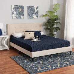 Kirkland's Home Beds & Headboards-Amala Beige Button Tufted Queen Bed Frame