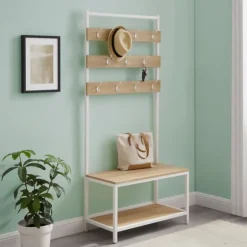 Kirkland's Home Entryway Furniture-And White Wood Bench Hall Tree