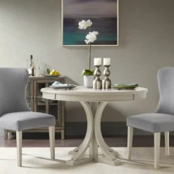 Kirkland's Home Dining Tables-Antique Cream Wood Pedestal Round Dining Table
