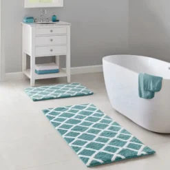 Kirkland's Home Bathroom Rugs-Aqua Geometric Pattern Reversible Bath Mat, 34 In