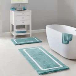Kirkland's Home Bathroom Rugs-Aqua Geometric Pattern Reversible Bath Mat, 34 In