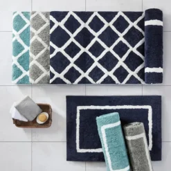 Kirkland's Home Bathroom Rugs-Aqua Geometric Pattern Reversible Bath Mat, 34 In