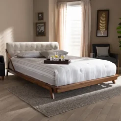 Kirkland's Home Beds & Headboards-Beige Tufted And Natural Walnut Full Platform Bed