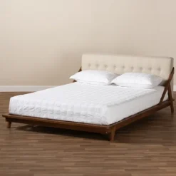 Kirkland's Home Beds & Headboards-Beige Tufted And Natural Walnut Full Platform Bed