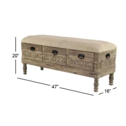 Kirkland's Home Benches & Ottomans-Beige Upholstered Acanthus Carved Wooden Bench