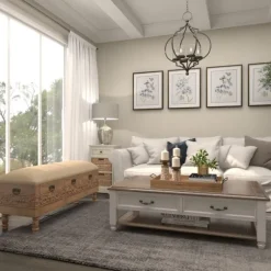 Kirkland's Home Benches & Ottomans-Beige Upholstered Acanthus Carved Wooden Bench