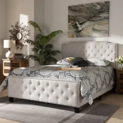 Kirkland's Home Beds & Headboards-Beige Upholstered Button Tufted King Panel Bed