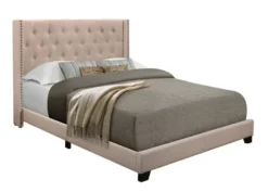 Kirkland's Home Beds & Headboards-Beige Upholstered Button Tufted Wing Queen Bed