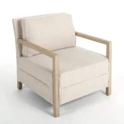 Kirkland's Home Accent Chairs-Beige Upholstered Wood Arm Accent Chair