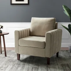 Kirkland's Home Accent Chairs-Beige Velvet Channel Stitch Accent Chair
