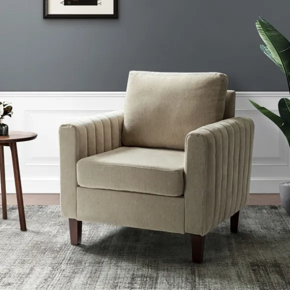 Kirkland's Home Accent Chairs-Beige Velvet Channel Stitch Accent Chair