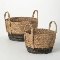 Kirkland's Home Baskets & Boxes-Black And Natural Rattan Woven Baskets, Set Of 2