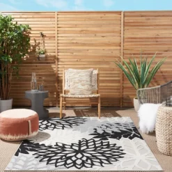 Kirkland's Home Outdoor Rugs-Black And White Floral Outdoor Area Rug, 5X7