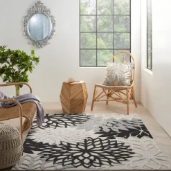 Kirkland's Home Outdoor Rugs-Black And White Floral Outdoor Area Rug, 5X7