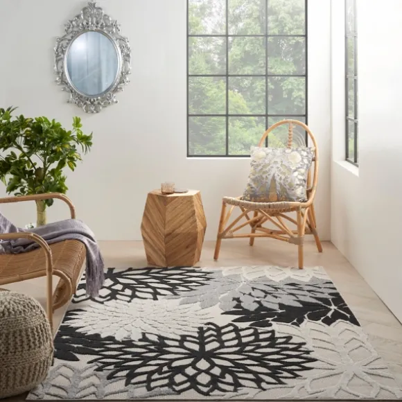 Kirkland's Home Outdoor Rugs-Black And White Floral Outdoor Area Rug, 5X7
