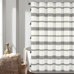 Kirkland's Home Shower Curtains-Black And White Striped Boho Shower Curtain