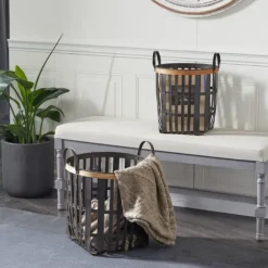 Kirkland's Home Baskets & Boxes-Black Bamboo Metal Woven Baskets, Set Of 2