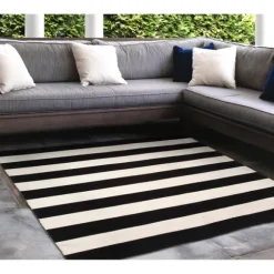 Kirkland's Home Outdoor Rugs-Black Cabana Stripe Indoor/Outdoor Area Rug, 8X8
