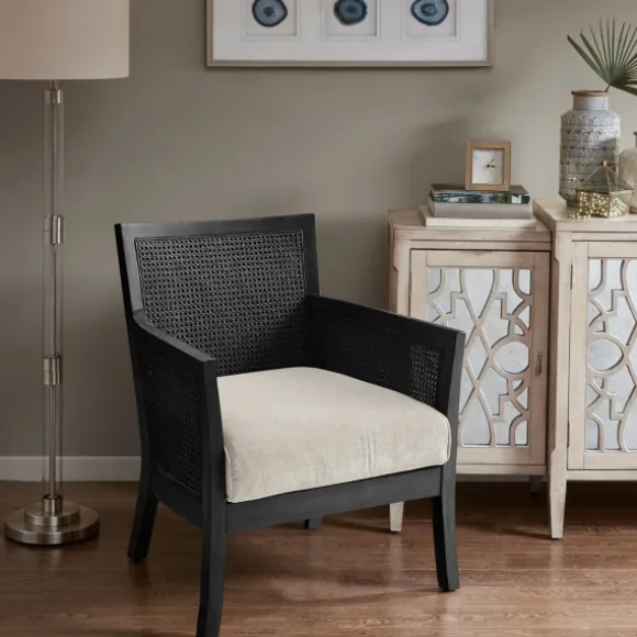 Kirkland's Home Accent Chairs-Black Cane Cushioned Accent Chair