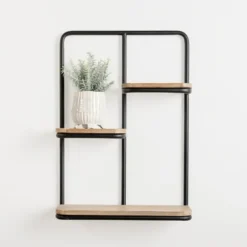 Kirkland's Home Shelves-Black Metal & Natural Wood Rounded Edge Wall Shelf