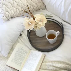 Kirkland's Home Decorative Trays-Black Metal And Light Wooden Stained Tray