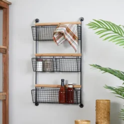 Kirkland's Home Wall Storage-Black Metal 4-Basket Wall Shelf