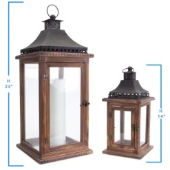 Kirkland's Home Lanterns-Black Metal Top Wood Lanterns, Set Of 2
