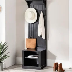 Kirkland's Home Entryway Furniture-Black Pine Wood Grooved Hall Tree