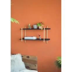 Kirkland's Home Shelves-Black Rattan Wrapped Double Tiered Wall Shelf