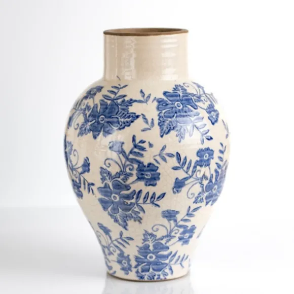 Kirkland's Home Vases-Blue And Cream Vintage Floral Urn Vase, 12 In.