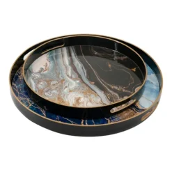 Kirkland's Home Decorative Trays-Blue And Gray Round Abstract Trays, Set Of 2