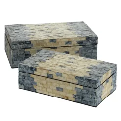 Kirkland's Home Baskets & Boxes-Blue And Tan Wood Capiz Shell 2-Pc. Box Set