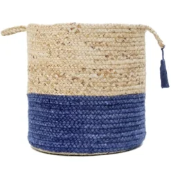 Kirkland's Home Baskets & Boxes-Blue And Tan Woven Jute Basket With Tassel, 17 In.