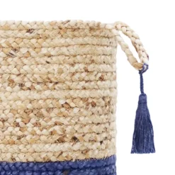 Kirkland's Home Baskets & Boxes-Blue And Tan Woven Jute Basket With Tassel, 17 In.
