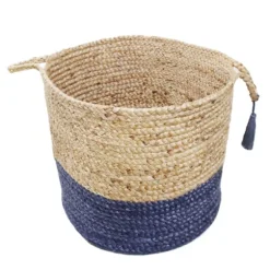 Kirkland's Home Baskets & Boxes-Blue And Tan Woven Jute Basket With Tassel, 17 In.