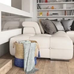 Kirkland's Home Baskets & Boxes-Blue And Tan Woven Jute Basket With Tassel, 17 In.