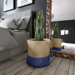 Kirkland's Home Baskets & Boxes-Blue And Tan Woven Jute Basket With Tassel, 17 In.