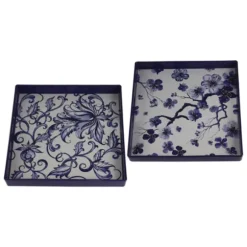 Kirkland's Home Decorative Trays-Blue And White Floral Trays, Set Of 2