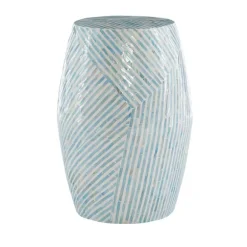 Kirkland's Home Accent & End Tables-Blue And White Mosaic Capiz Shell Drum End Table
