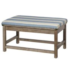 Kirkland's Home Benches & Ottomans-Blue And White Striped Upholstered Wood Bench