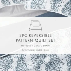 Kirkland's Home Quilts-Blue Damask Reversible 3-Pc. King Quilt Set