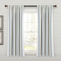Kirkland's Home Curtains & Drapes-Blue Farmhouse Stripe Curtain Panels, Set Of 2