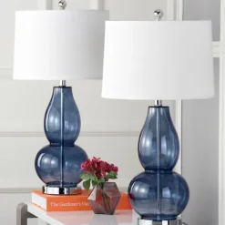 Kirkland's Home Table Lamps-Blue Glass Hourglass Table Lamps, Set Of 2