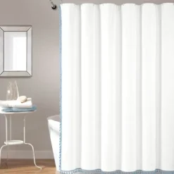 Kirkland's Home Shower Curtains-Blue Melora Tasseled Border Shower Curtain